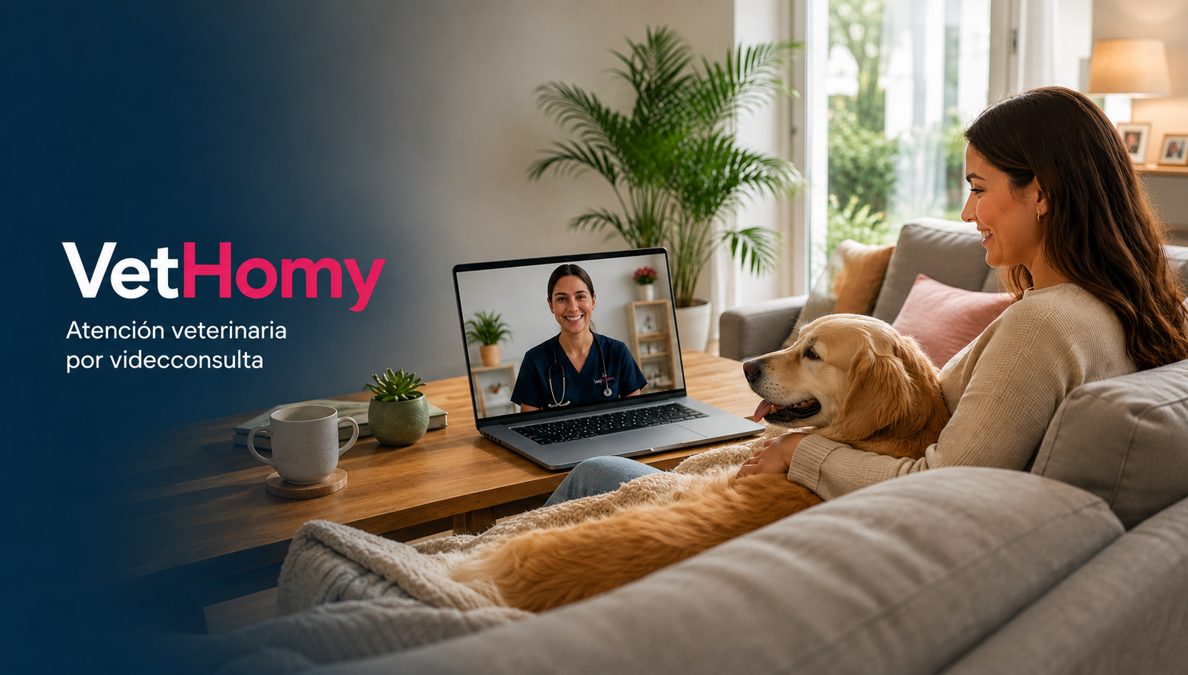VetHomy: atención veterinaria por videoconsulta. Una mujer con su perro consulta a una veterinaria desde casa.